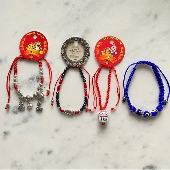Set of 4 Bracelets - Buddha 🧘‍♀️ Lucky Cat Mauve 🐱 Elephants 🐘 Evil Eye 🧿 - Picture 2 of 6